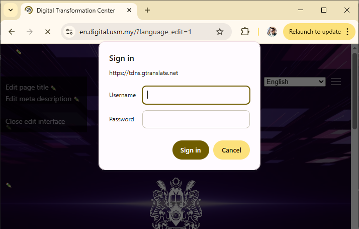 Paparan log masuk GTranslate